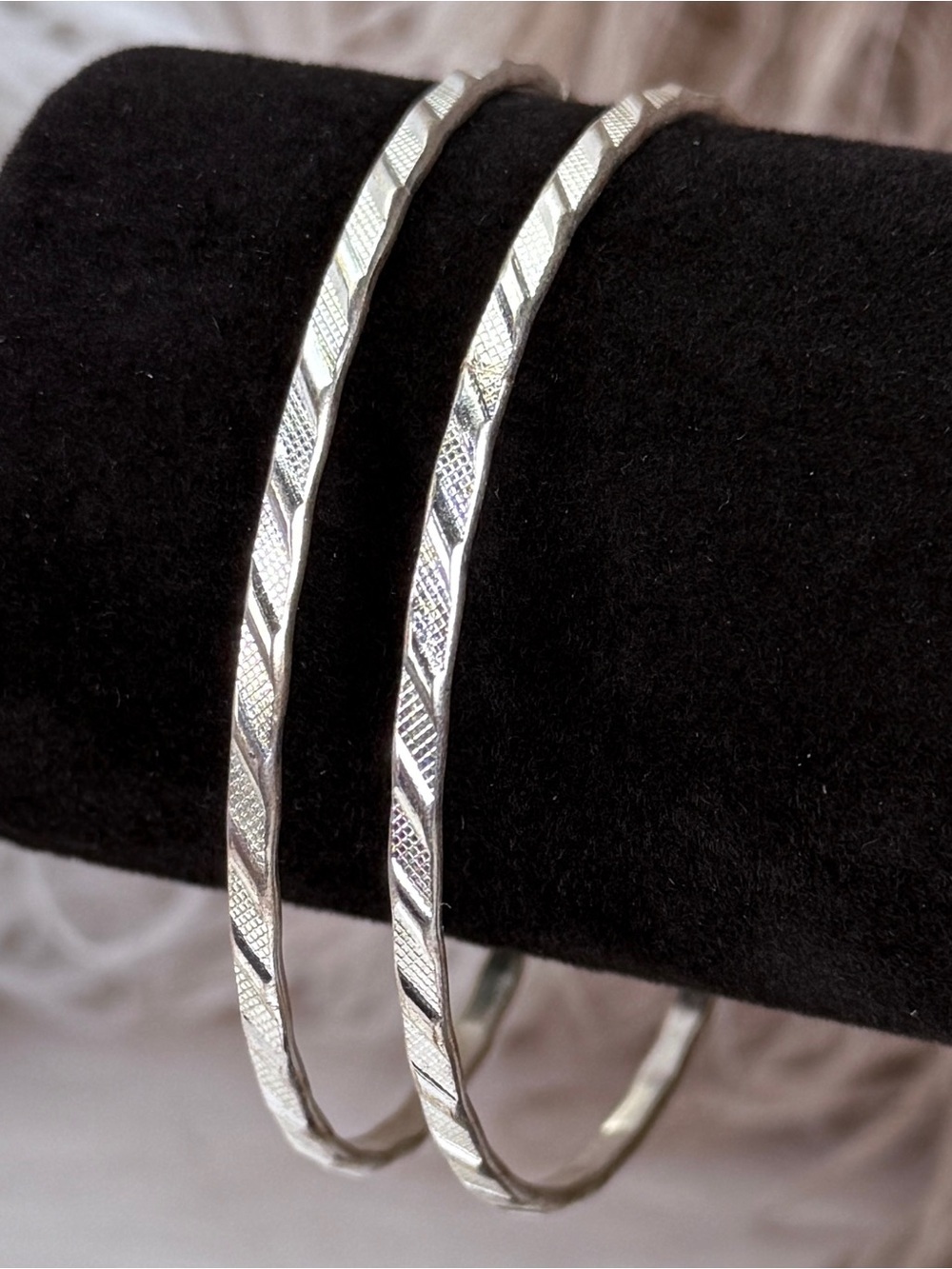 Silvertone Textured 2 Thin Stacking Bangle Bracelets